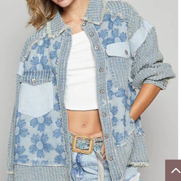 POL Textured Flower and Knit Jacket in Denim NWOT LG - Picture 2 of 7